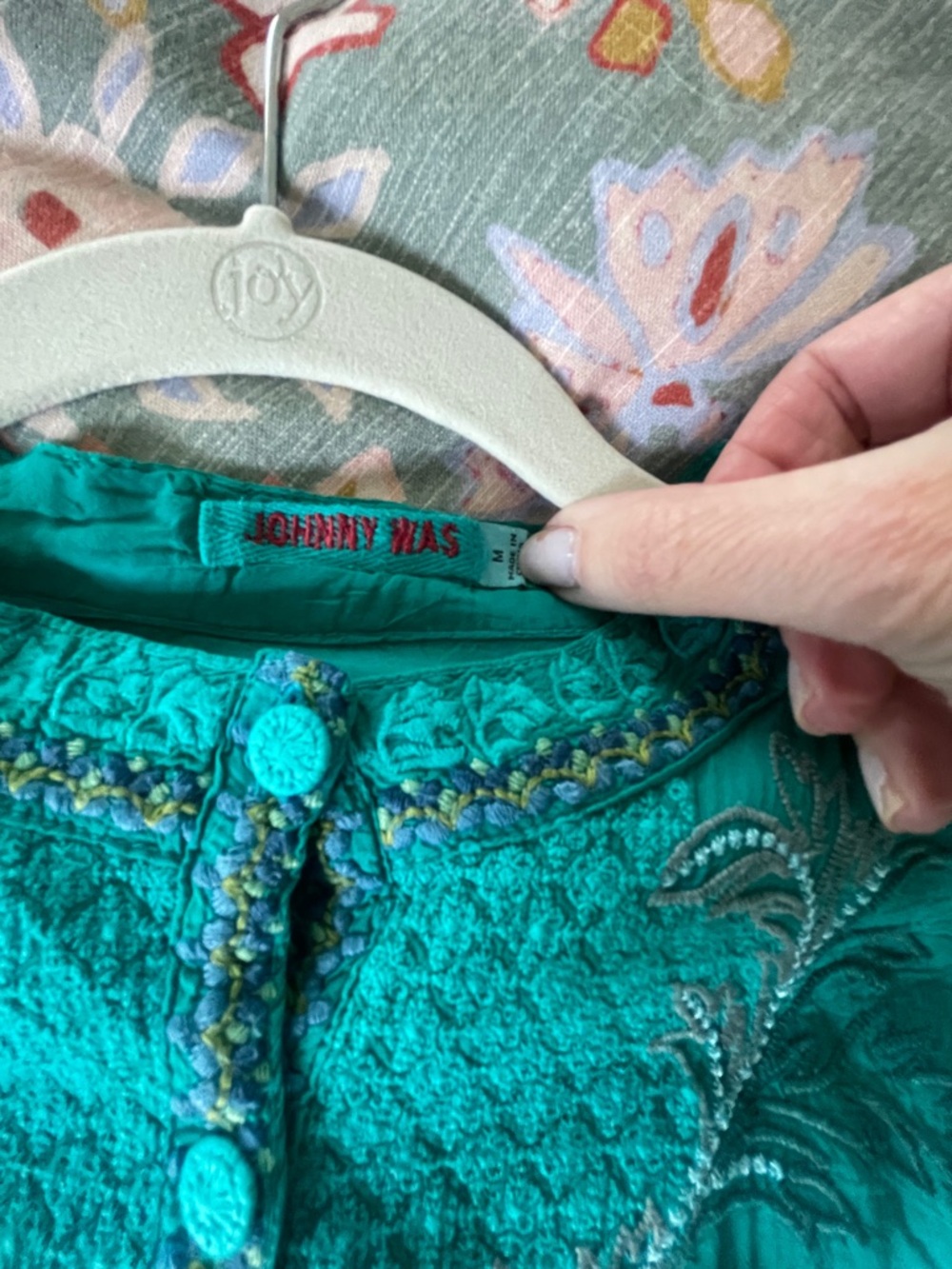 Johnny Was Teal Embroidered Button-Front Blouse - Picture 5 of 8
